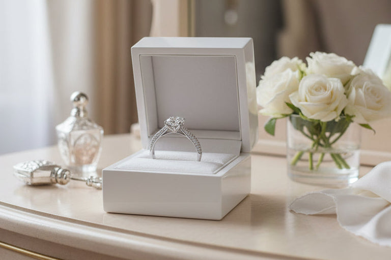 A pave multi row engagement ring with a solitaire central diamond, set in white gold or platinum with smaller accent diamonds around the band.