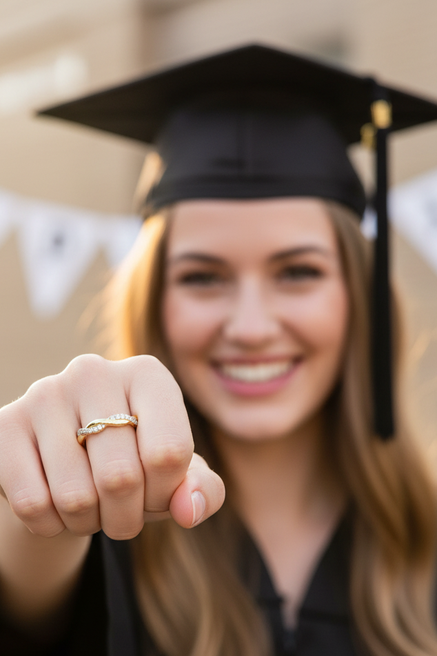 Graduate in cap and gown holding a gold ring with a blurred background