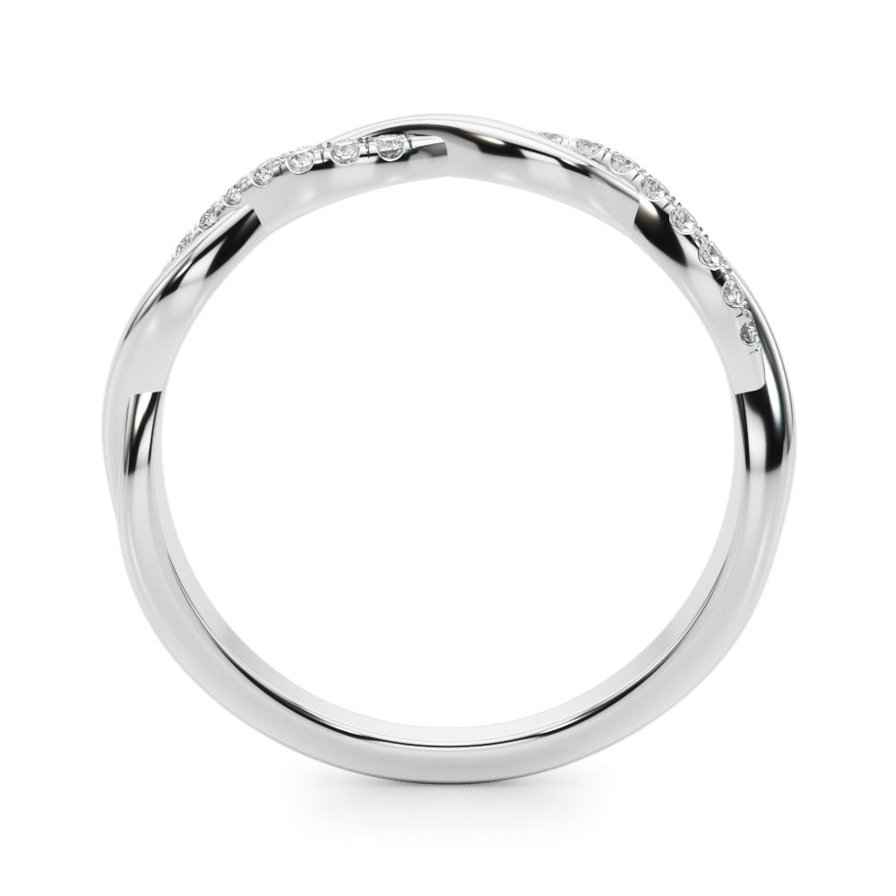 A twisted band diamond ring with multiple small diamonds set on a silver or white gold band.