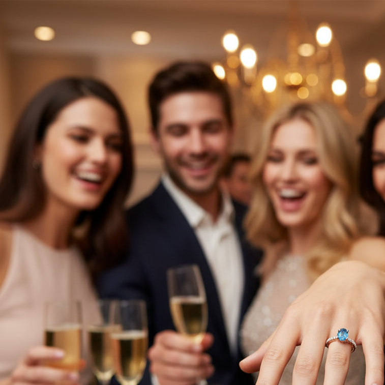 Rose gold ring with a blue gemstone and smaller diamonds on a white background