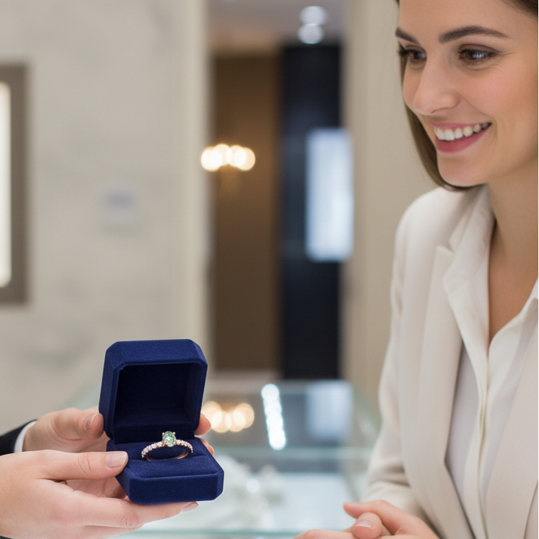 Rose gold ring with a green gemstone and diamond-studded band on a white background