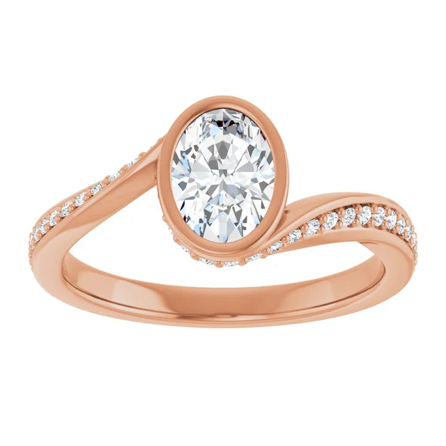 Rose gold ring with a large diamond and smaller diamonds on the band against a white background